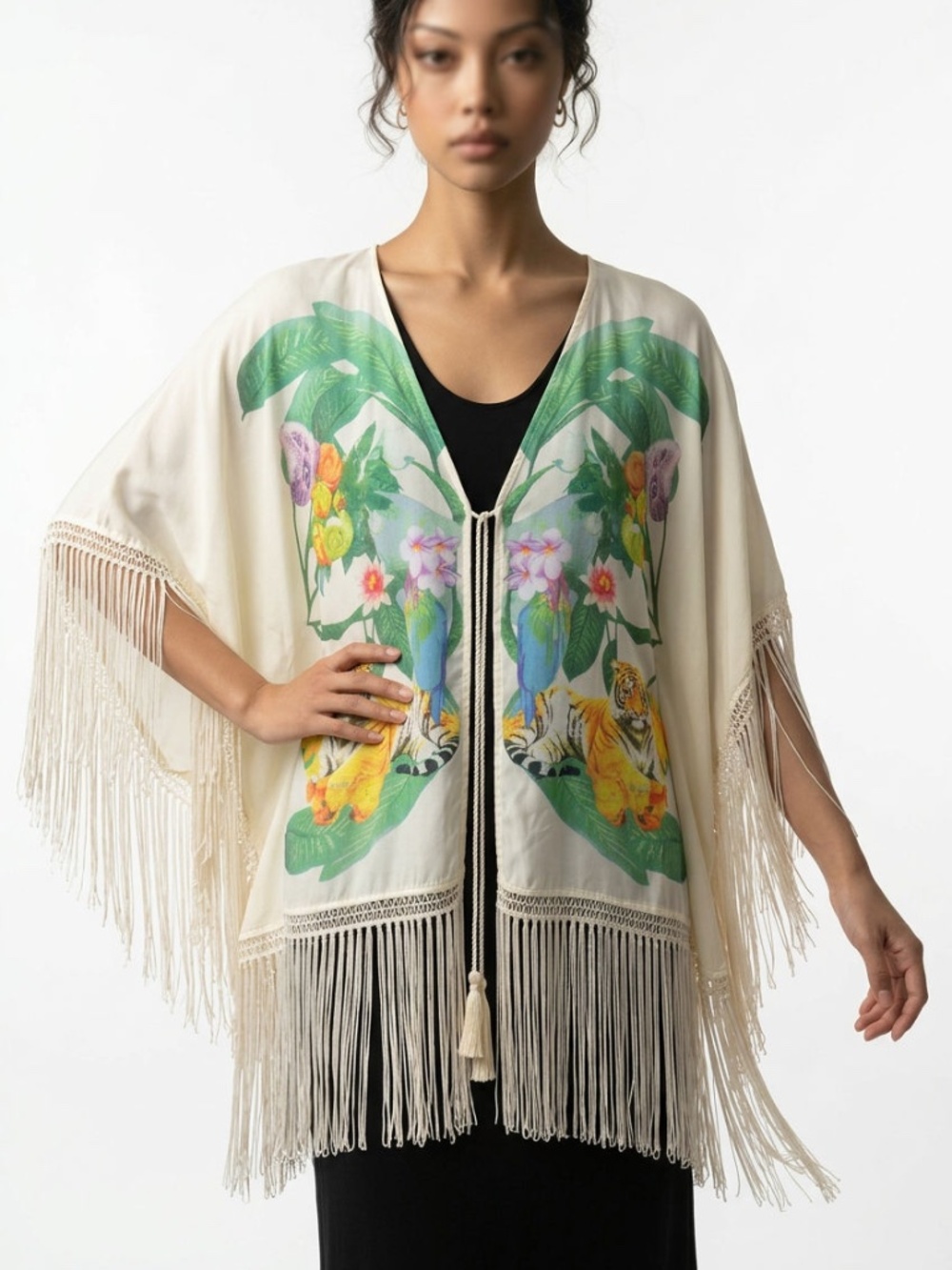 NWOT |•DIVIDED•| Beautiful Tropical Tiger Print Fringe Kimono One Size - Picture 2 of 9
